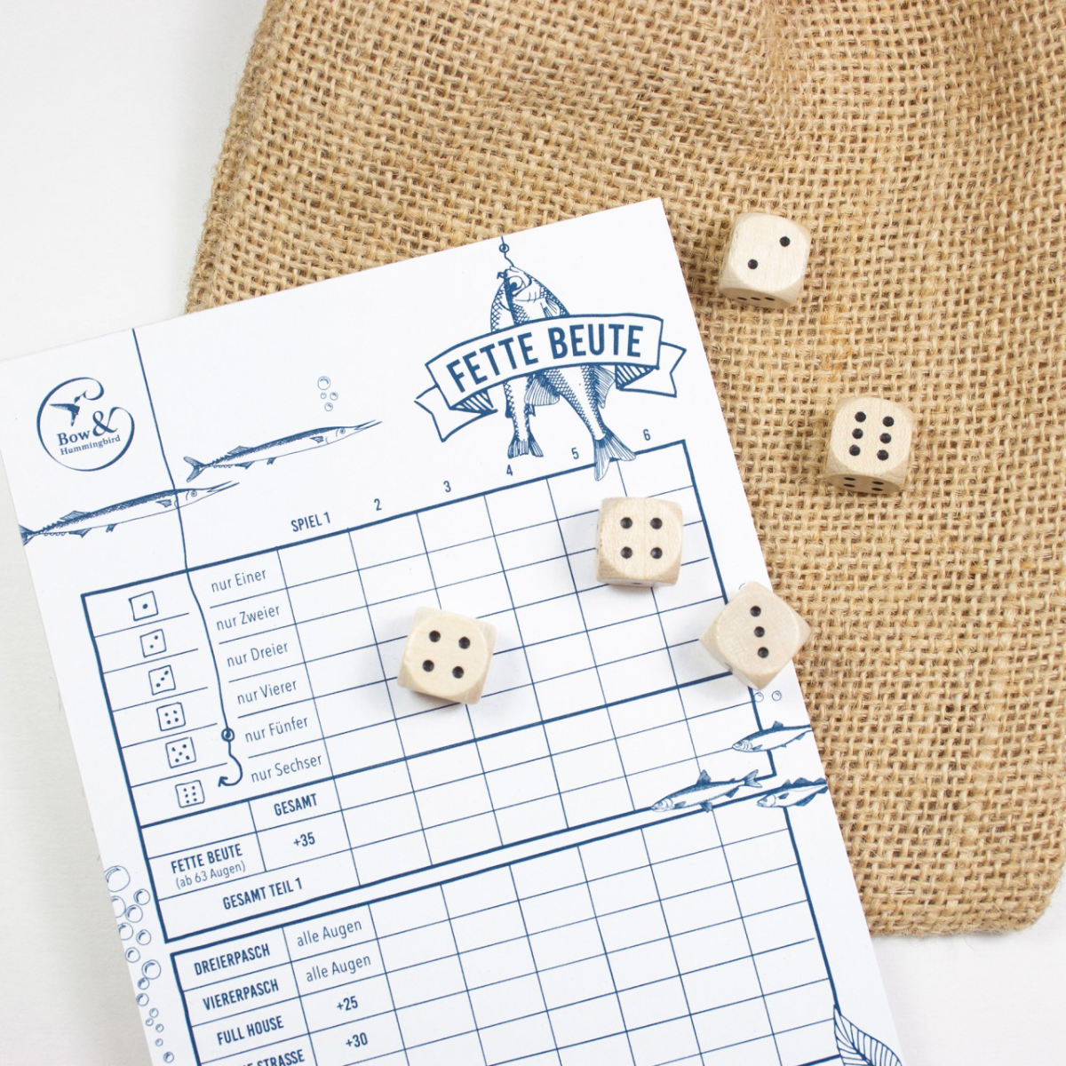Maritimes Würfelspiel "Fette Beute" im Jutebeutel